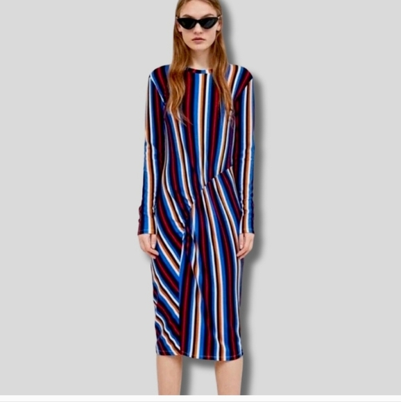 ZARA Multi Striped Ribbed Retro Midi Dress With Gathered Detail. Size Med NWOT - Picture 1 of 16